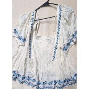 Women’s 4x White/Blue Embroidered Floral Peasant Blouse Square Neck Puff Tie